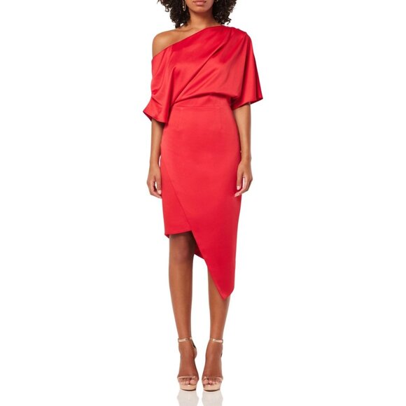 NWT Elliatt Carson One-Shoulder Red Draped Dress Asymmetric Hem Size L - Picture 1 of 10